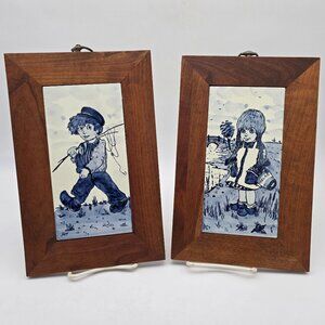 Delft Blue & White Ceramic Tiles Wooden Frames Featuring Boy & Girl Wall Decor